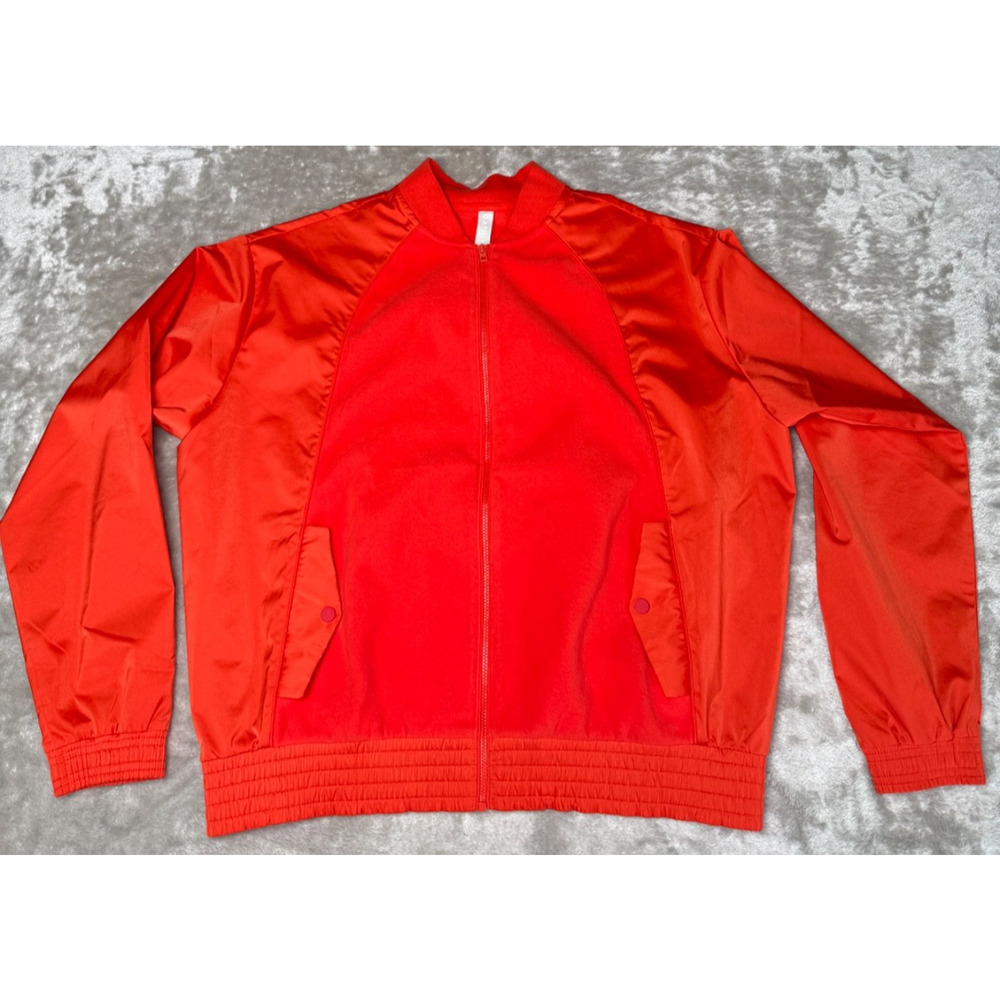 Athleta Tomato Red Satin and Cotton Fleece Bomber Jacket Womens M